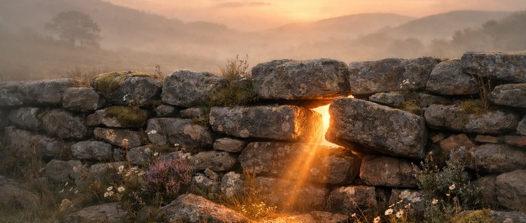 Mur en pierre sèche avec brèche lumineuse, symbole du lâcher prise en amour
