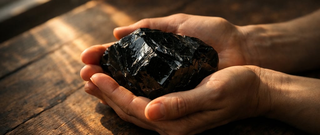 Mains tenant une obsidienne noire brute sur une table en bois, lumière naturelle d'après-midi