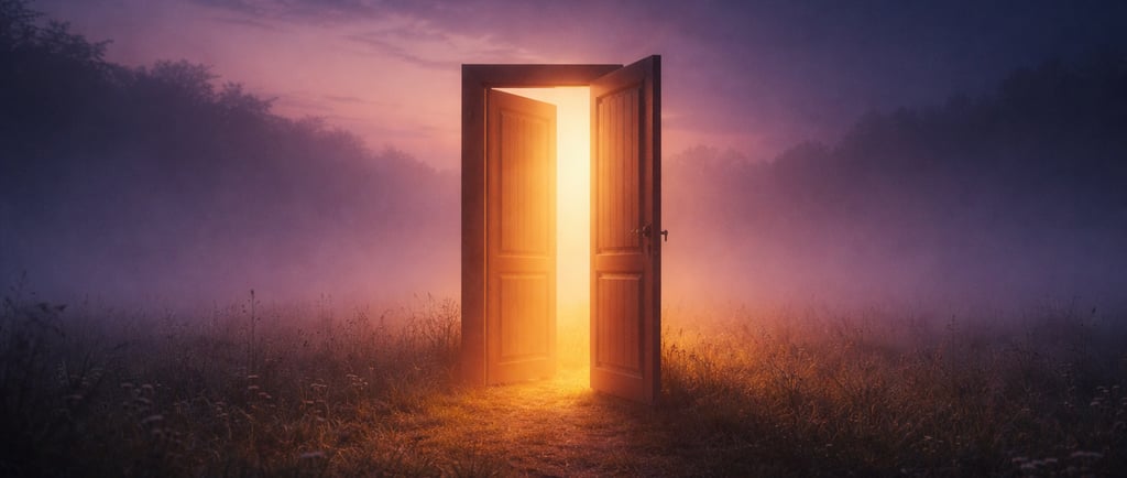 18h18 heure miroir — porte ouverte au crépuscule symbolisant le seuil et la transition spirituelle