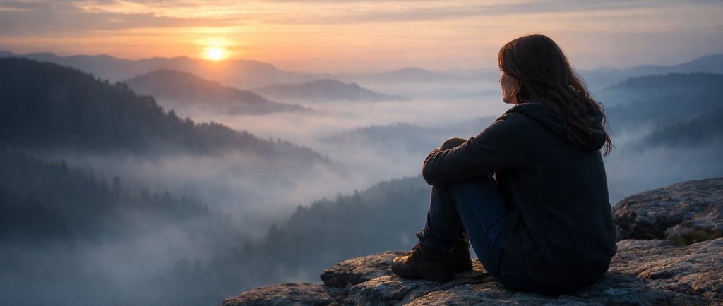 Femme chemin de vie 1 assise seule au bord d'une falaise, regardant l'horizon au lever du soleil 