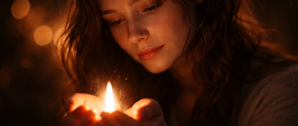 mains de femme protégeant une flamme dorée, symbole du don de soi en amour