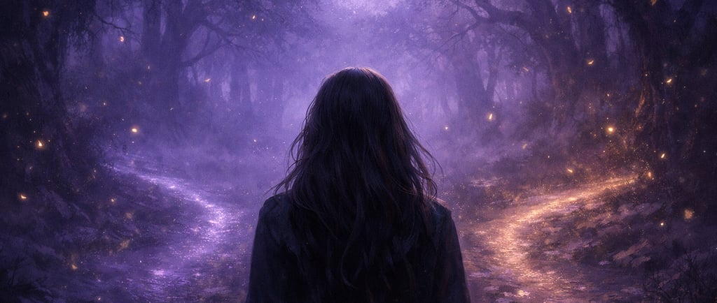 Femme de dos à un carrefour dans une forêt enchantée, deux chemins lumineux s'ouvrent devant elle 