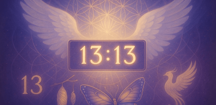 Heure miroir 13h13 affichée en doré lumineux avec ailes d'ange et papillon symbole de transformation