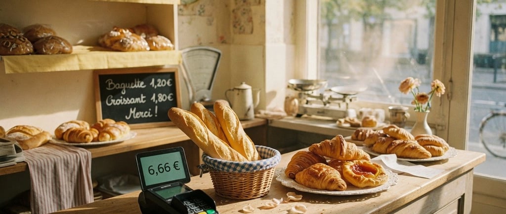 Terminal de paiement affichant 6,66 € dans une boulangerie