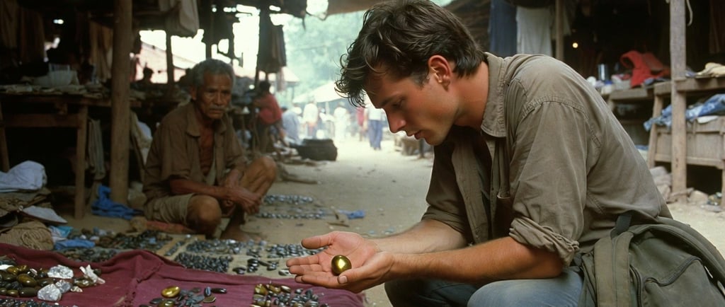 Œil de tigre dans la main, marché de Phnom Penh, années 90.