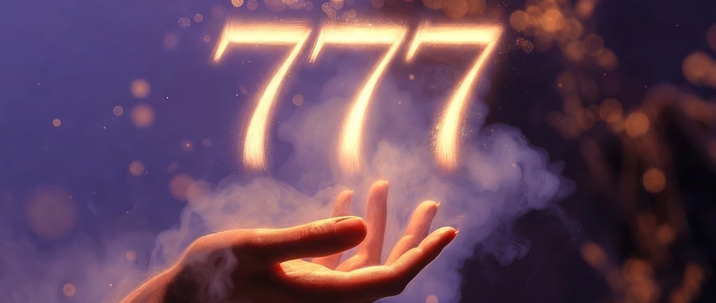 Main féminine tendue vers le nombre 777 lumineux, symbole spirituel d'éveil et de message angélique
