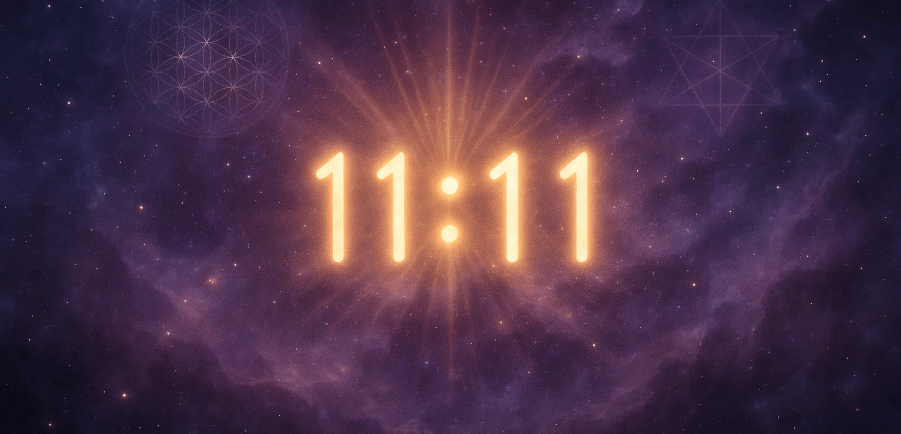11h11 heure miroir spirituelle avec symboles de géométrie sacrée sur fond cosmique étoilé