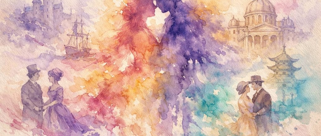 Aquarelle poétique illustrant les âmes d'un couple traversant le temps et leurs incarnations
