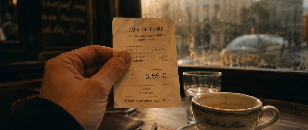 Ticket de caisse affichant 5,55 € posé sur une table en bois d'une brasserie parisienne