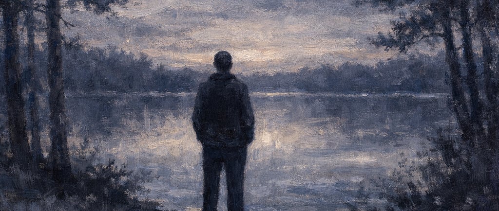 silhouette solitaire au bord d'un lac au crépuscule, symbole de la profondeur intérieure 