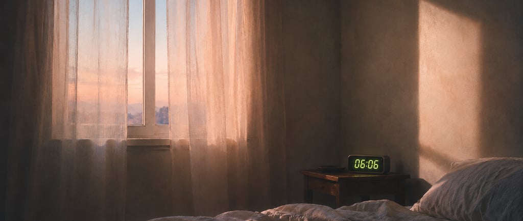 Petit réveil affichant 06:06 dans une chambre éclairée par la lumière rose de l'aube