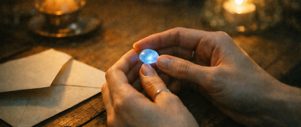 Mains tenant une pierre de lune lumineuse près d’une enveloppe, à la lueur des bougies.