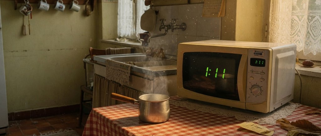 Vieille cuisine française avec micro-ondes affichant l'heure miroir 1h11