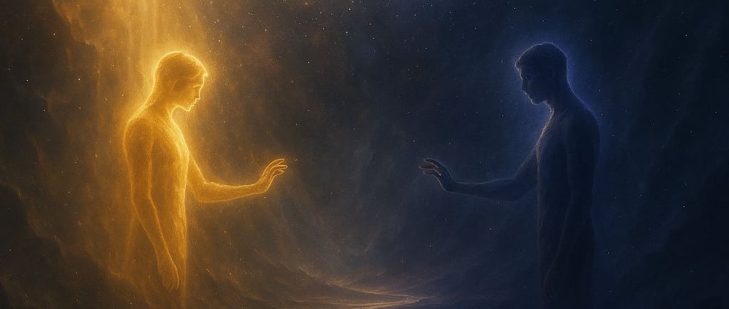 deux âmes lumineuses séparées par un voile d’énergie, symbolisant la séparation des flammes jumelles