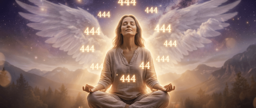 Femme sereine entourée d'une lumière dorée avec le nombre angélique 444 en arrière-plan