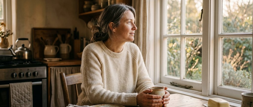 Femme sereine à la table du matin dans la lumière dorée — signification 333 et alignement intérieur