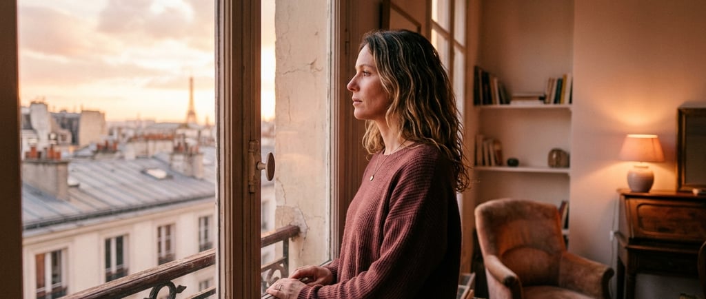Femme seule devant une fenêtre baignée de lumière rose et dorée du soir