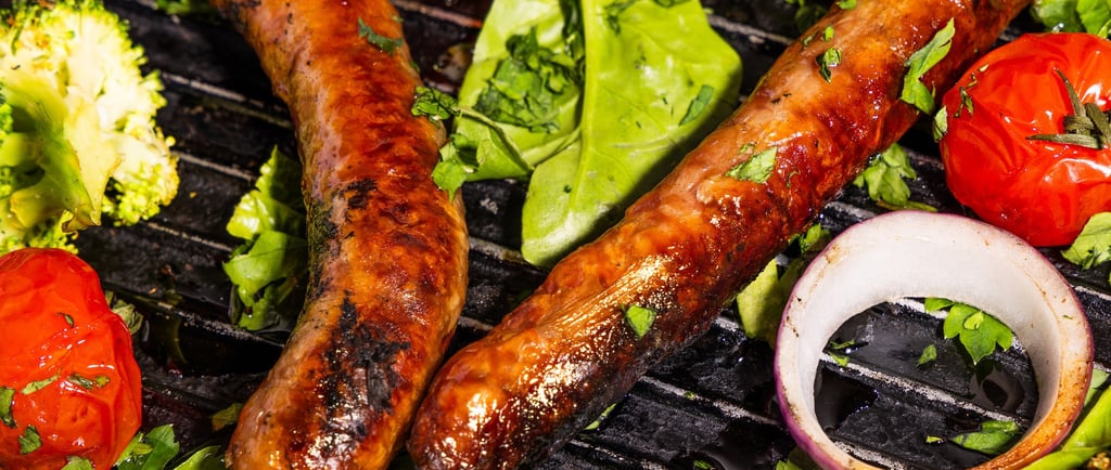 Sustainable plant-based, nutritionally-dense, hypoallergenic protein and fibre sausages with vegetables surrounding