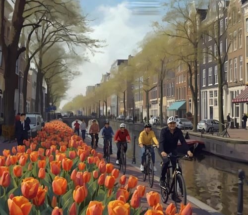 Cyclists riding along an Amsterdam canal lined with vibrant orange tulips and historic Dutch architecture.