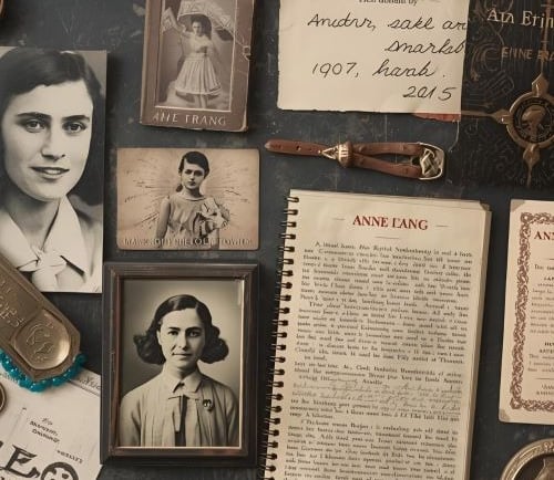 Vintage black and white portraits of Anne Frank and historical documents on a dark desk.