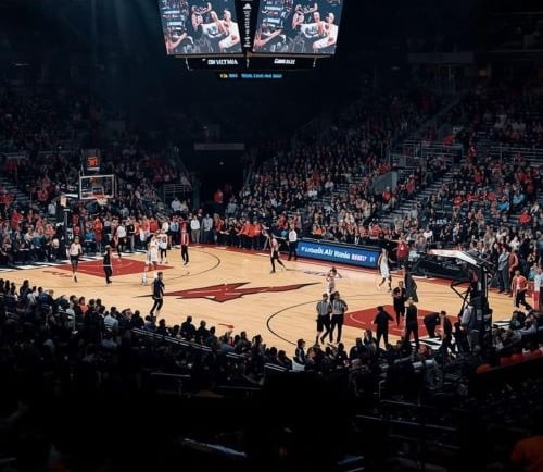 a basketball game with a crowd of people watching a game