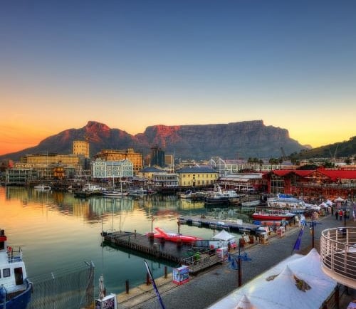 a view of a city at sunset