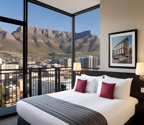 a bedroom with a view of a mountain view