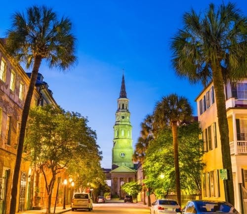 a church steeple with a steeple tower in the background in charleston