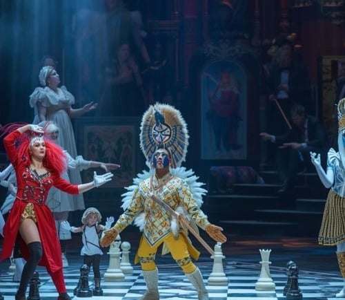 a group of people in costumes on a chess board