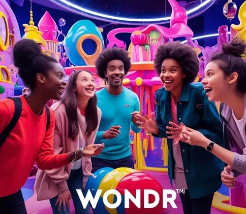 a group of people standing around a ball pit