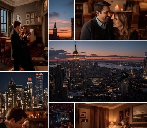 a couple kissing in a hotel room with a view of the city
