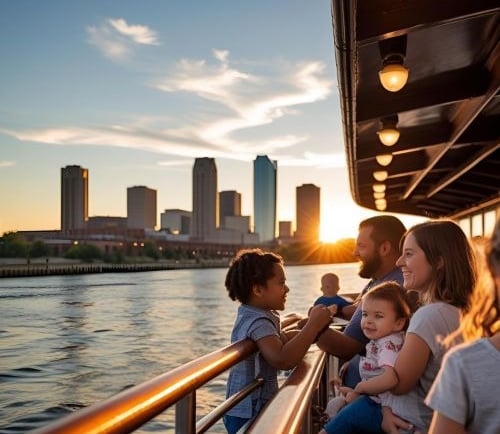 a group of people on a boat in the water