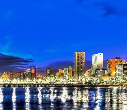 Durban city skyline with a blue sky and clouds