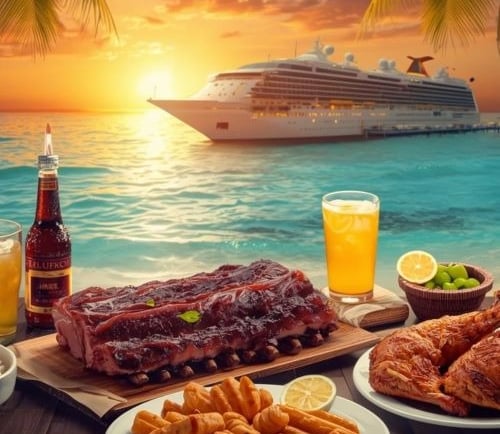 Luxury cruise ship at sunset with a tropical beach dinner featuring BBQ ribs and cocktails.