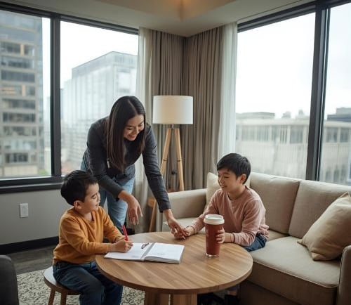 happy families enjoying hotel stay in grand rapids