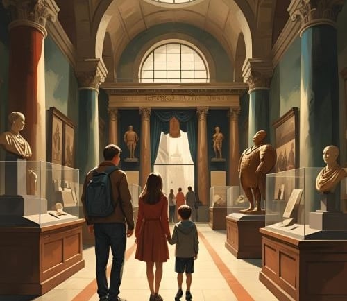 a family of three standing in a museum