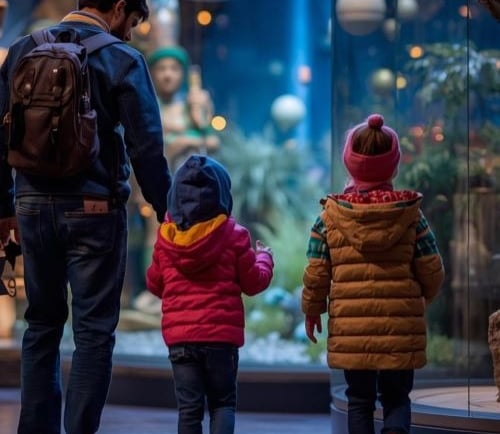 A father and two young children explore a science museum exhibit featuring planet models.