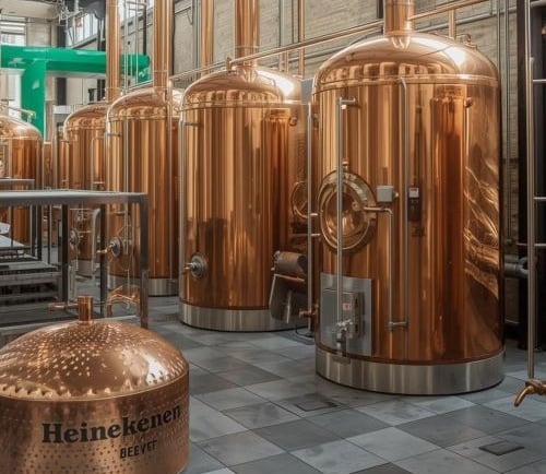 Polished copper brewing kettles and vats inside a modern craft beer brewery facility.