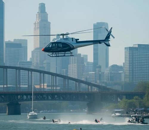 a helicopter flying over a bridge over a river