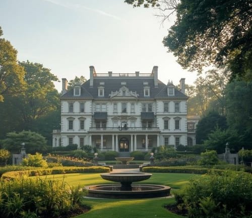 a large house with a fountain in the middle of a lawn