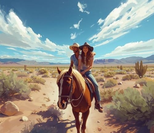 a couple of people riding on a horse