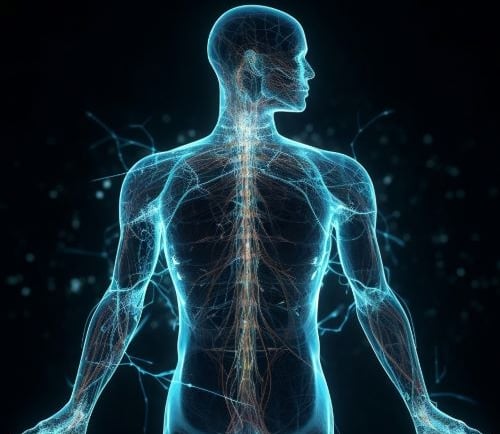 Glowing blue 3D medical illustration of the human nervous system and neural network within a male silhouette.