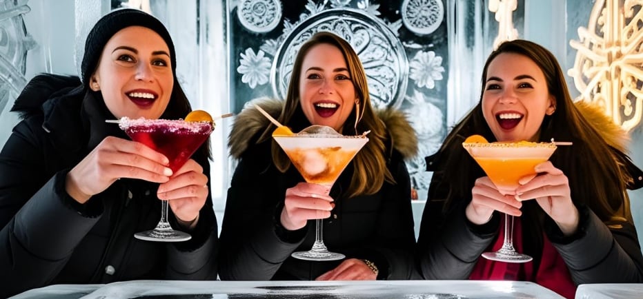 three women are enjoying a drink in an ice - cream