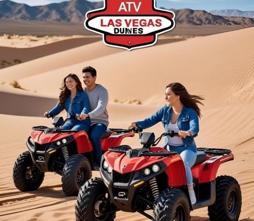two people riding atvs in the desert