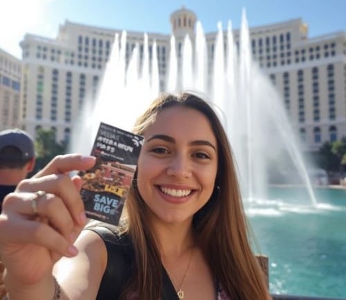 A smiling woman holding a Las Vegas attractions pass in front of the Bellagio Fountains.