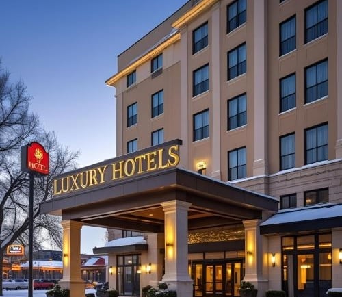 a hotel with a hotel entrance and a hotel sign