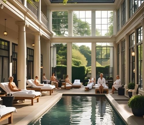 a group of people sitting around a pool