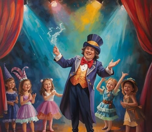 a painting of a magician with 5 happy children