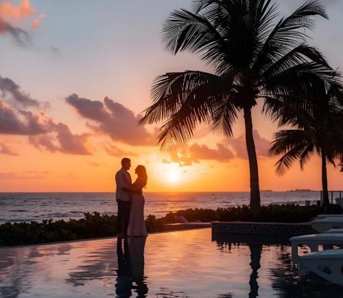 a couple standing in front of a sunset