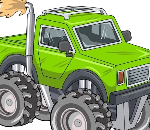 a cartoon monster truck with a flame on it